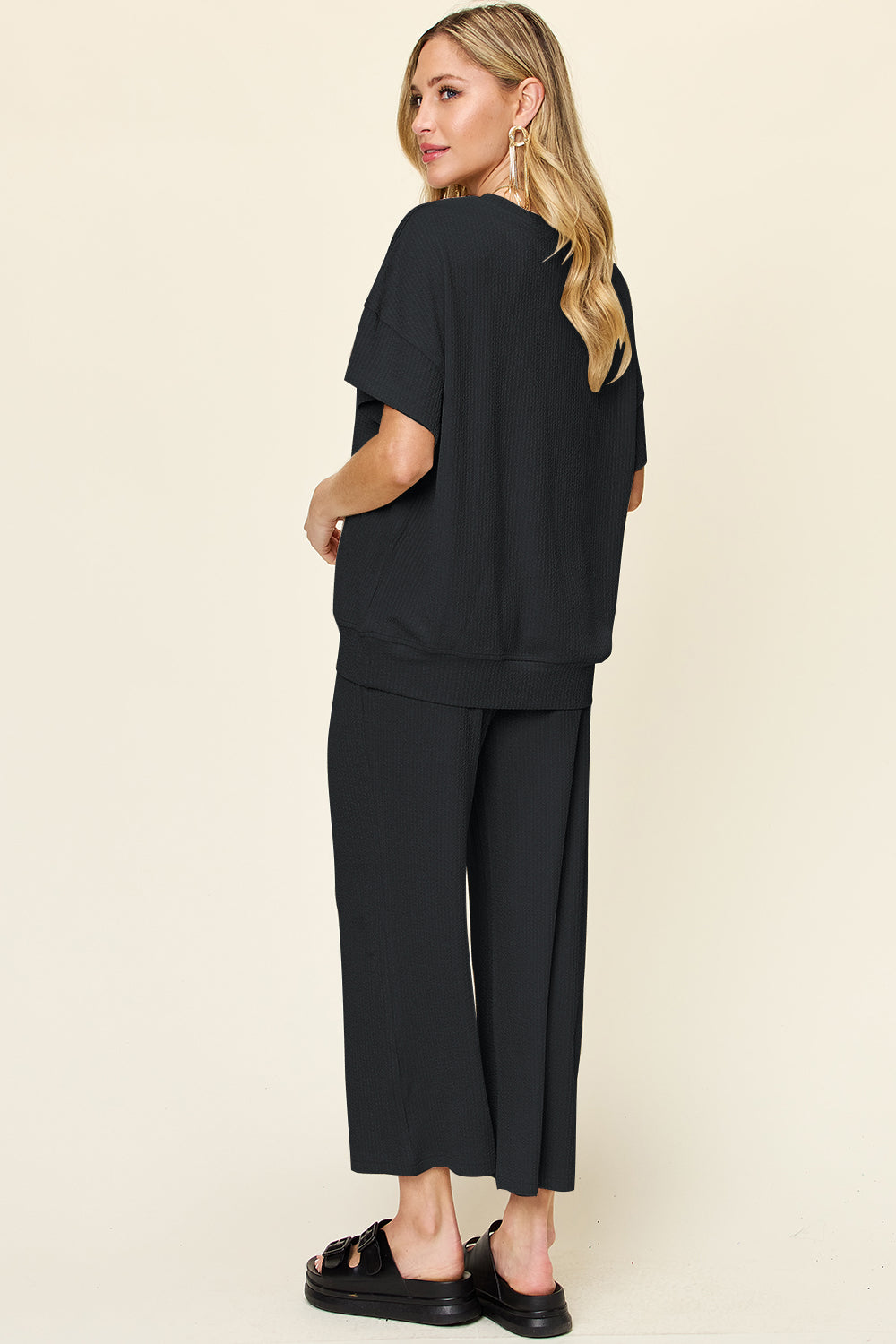 Double Take Women’s Full Size Texture Round Neck Short Sleeve T-Shirt and Wide Leg Pants Polyester Spandex Size S-3XL