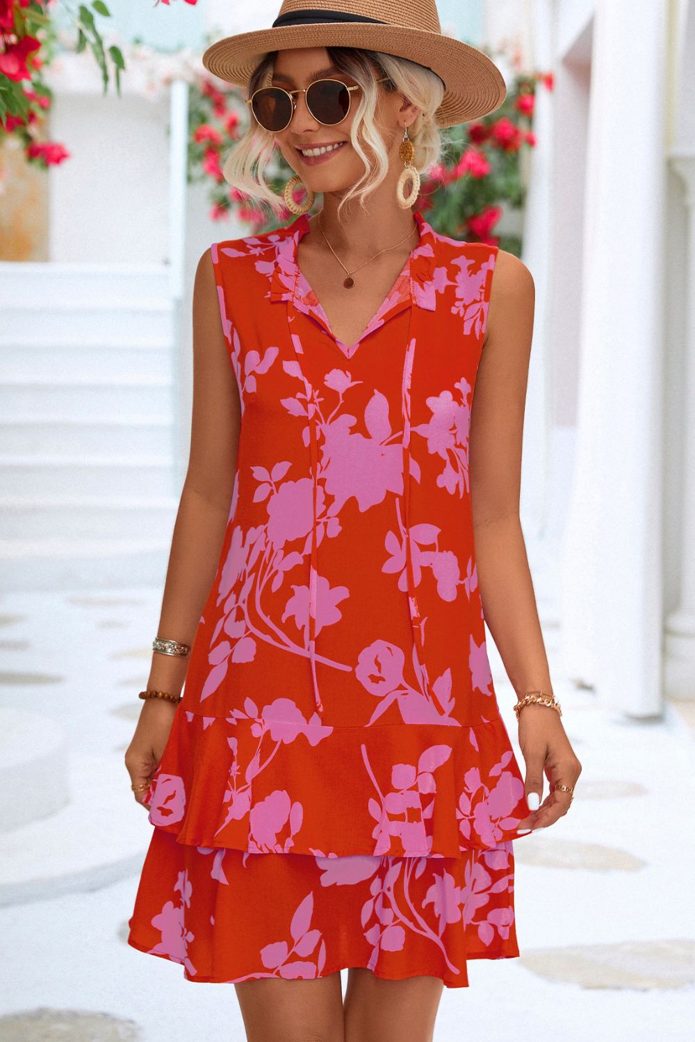 Blueberi B Women’s Printed Tie Neck Sleeveless Mini Dress Polyester Spandex Size S-XL