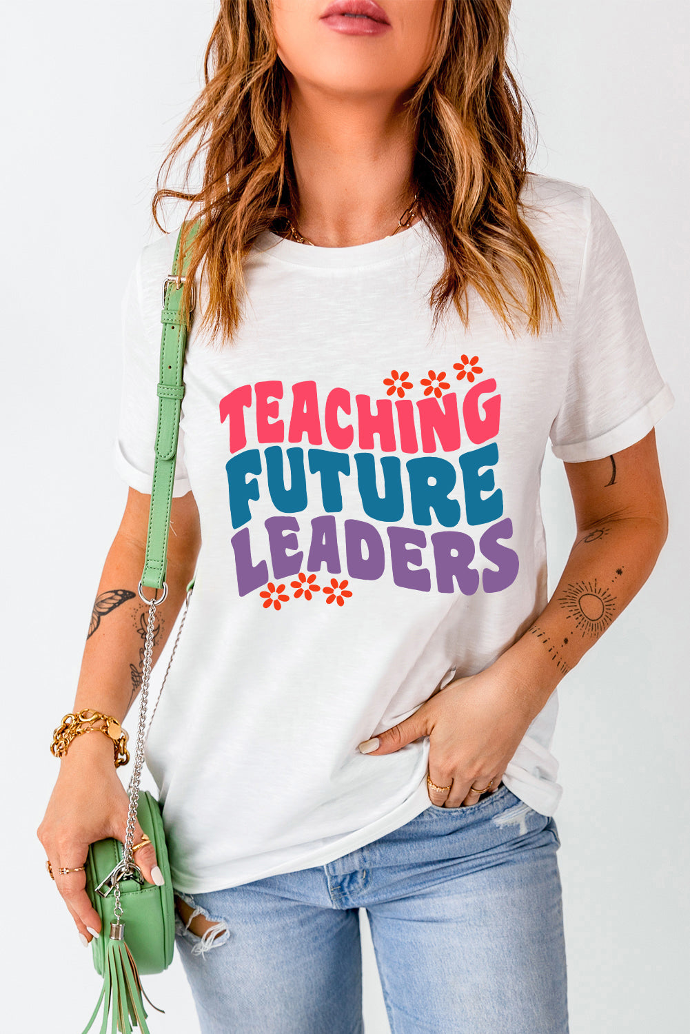 Blueberi B Women't Letter Graphic Round Neck Short Sleeve T-Shirt Polyester Cotton Elastane Size S-2XL