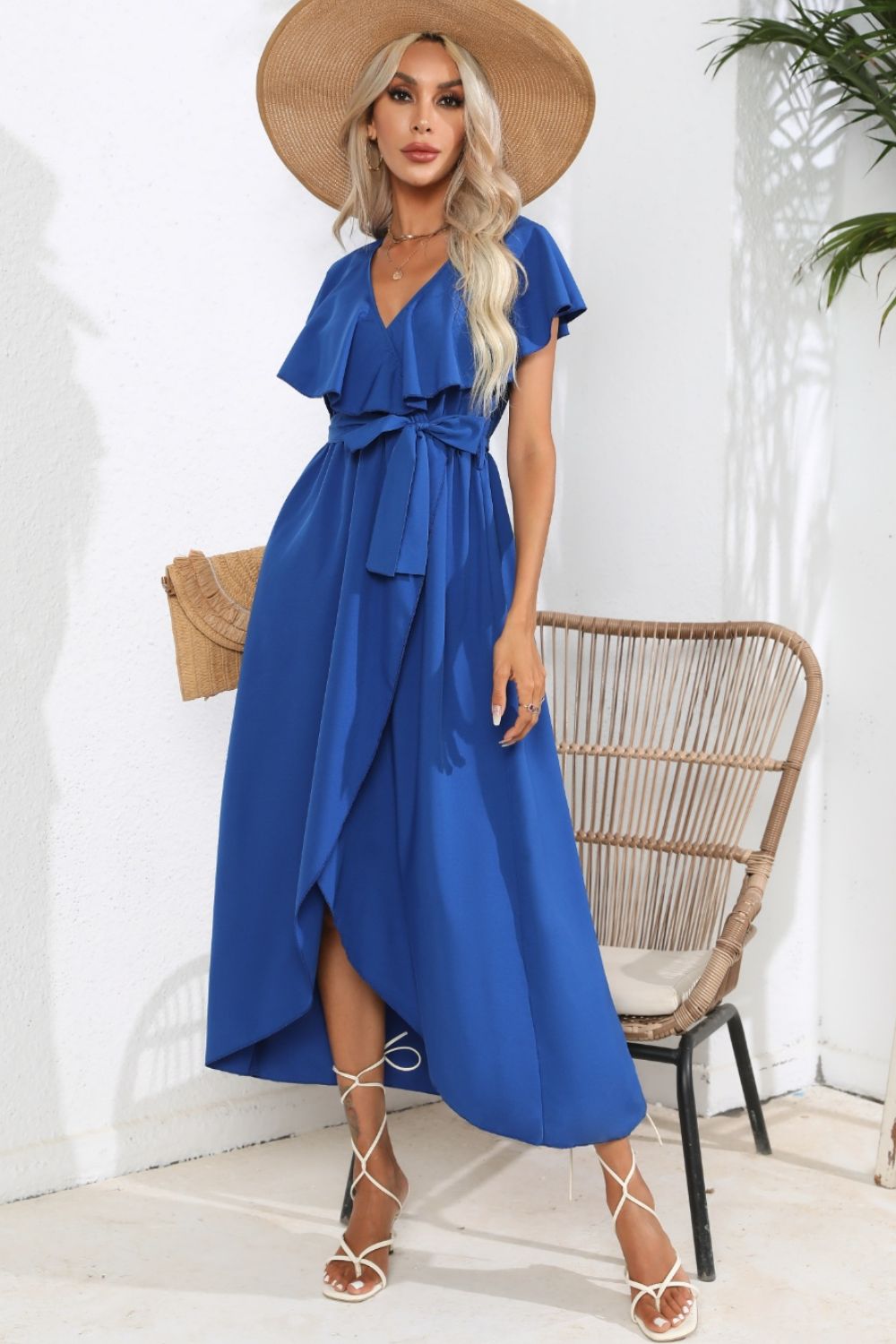 Blueberi B Women’s Ruffled Tied V-Neck Midi Dress Polyester S-XL