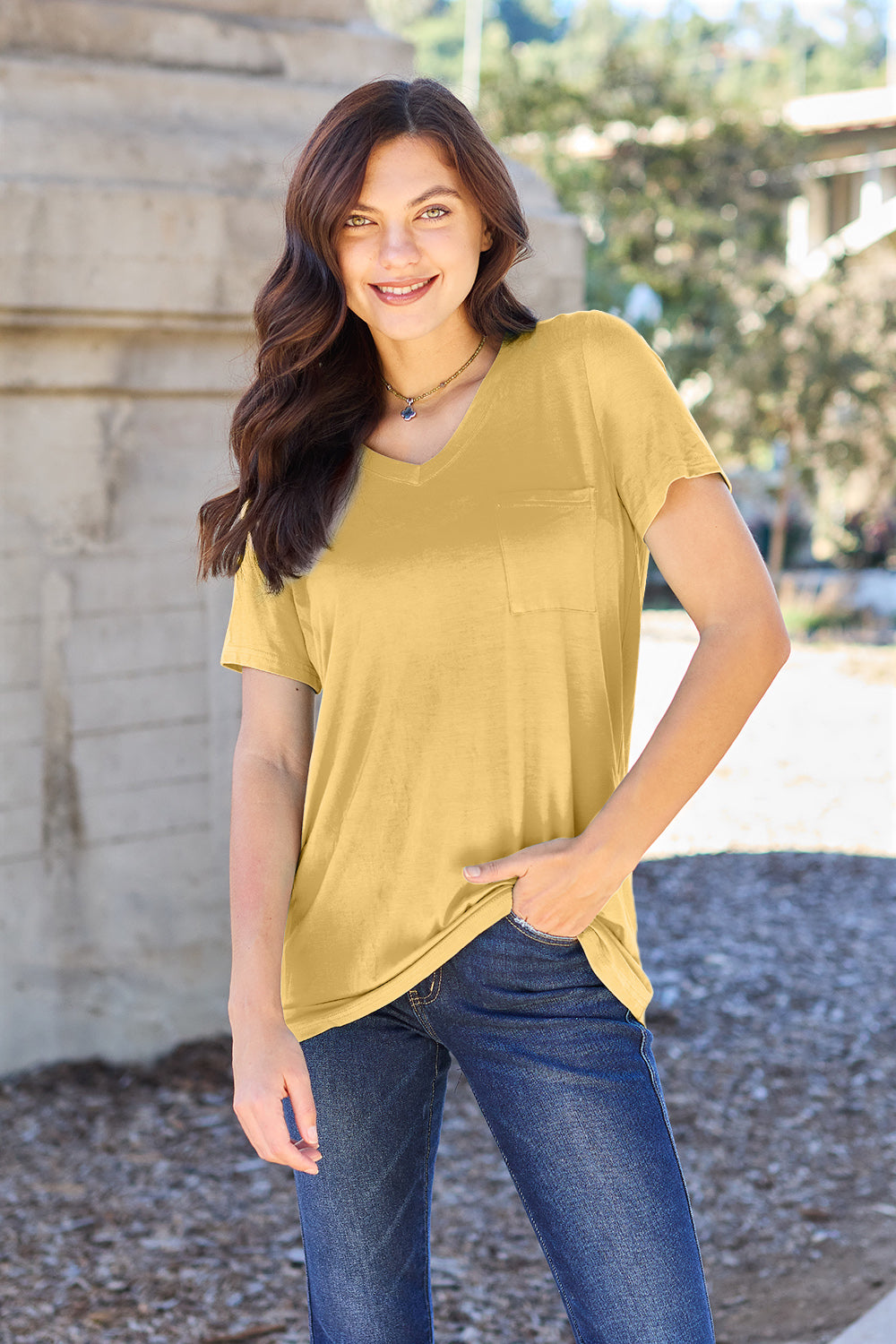 Basic Bae Women’s Bamboo Full Size V-Neck Short Sleeve T-Shirt Bamboo Spandex Size S-3XL