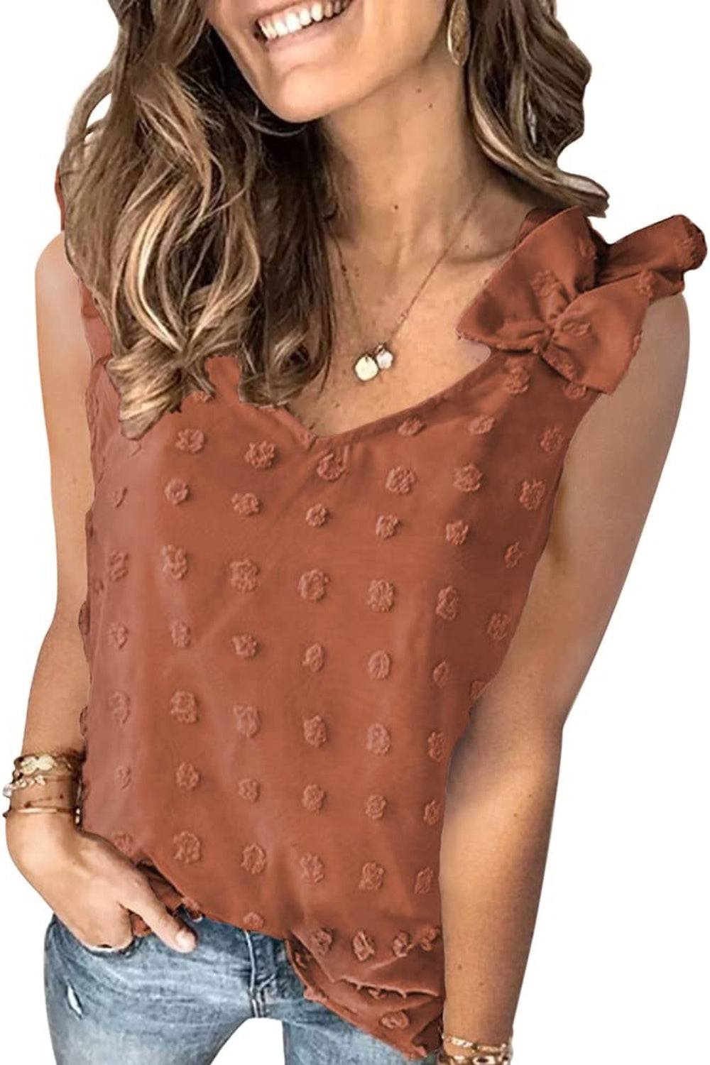Blueberi B Women's Full Size Swiss Dot V-Neck Tank Polyester Size S-3XL