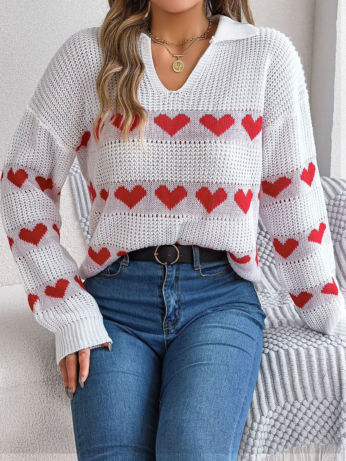 Blueberi B Women’s Heart Johnny Collar Long Sleeve Sweater Acrylic Size S-L