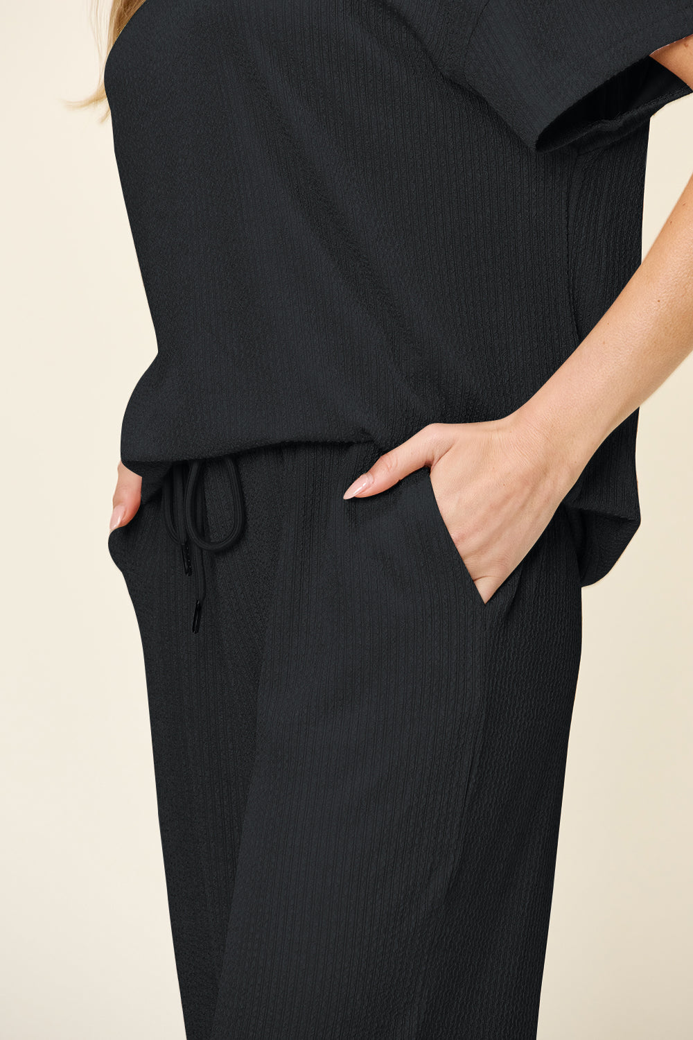 Double Take Women’s Full Size Texture Round Neck Short Sleeve T-Shirt and Wide Leg Pants Polyester Spandex Size S-3XL