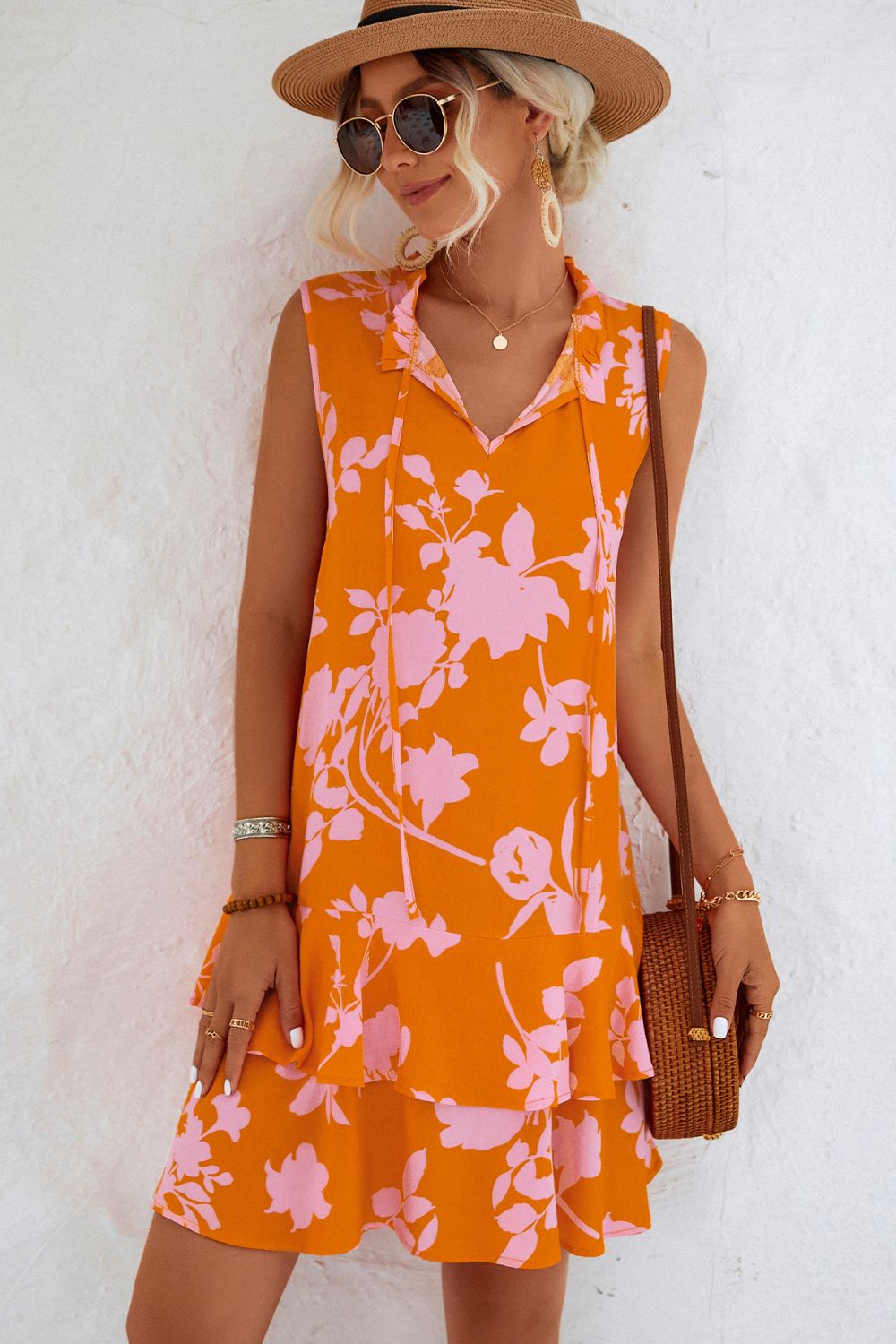 Blueberi B Women’s Printed Tie Neck Sleeveless Mini Dress Polyester Spandex Size S-XL