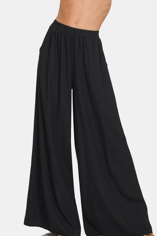 Zenana Women's Pleated Linen Blend Wide Leg Pants Line Rayon Size S-XL