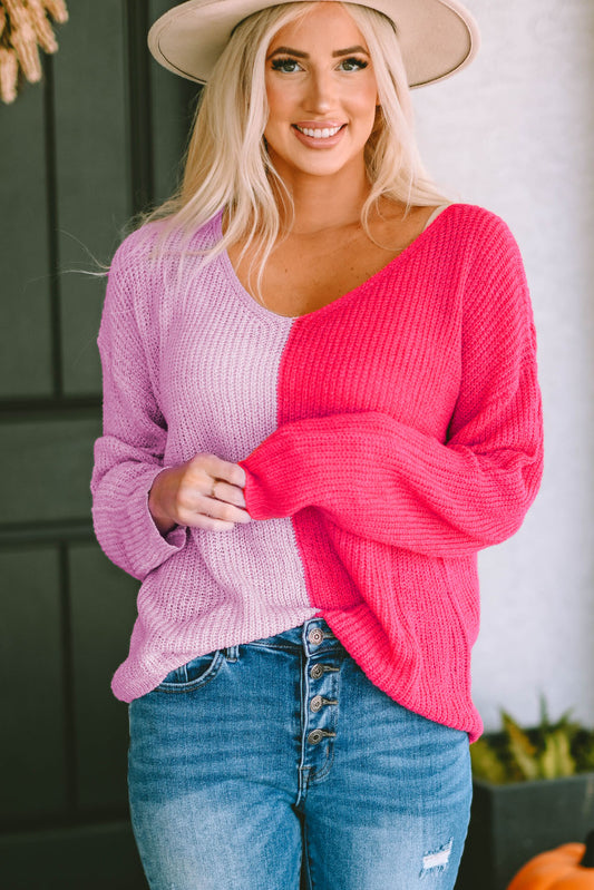Blueberi B Women’s Contrast Color V-Neck Long Sleeve Pullover Sweater Acrylic Size S-XL