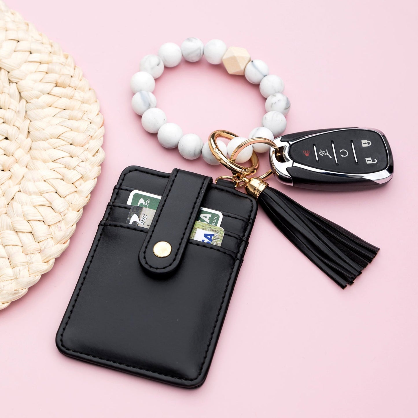Luxe Silicone Bead Geo Wood Accent Gold Hardware Button Snap Key Ring Wallet Bracelet with Tassel | 4" x 3"