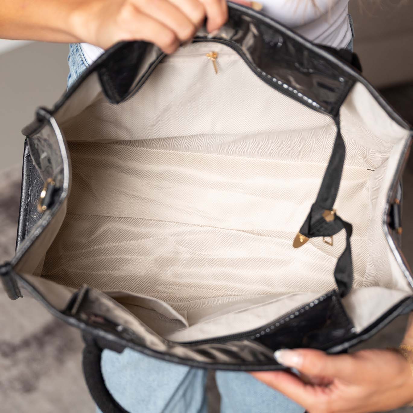 Kate Laminated City Tote | Vegan Leather & PVC, Canvas Handles | 14.5 x 5 x 11 in