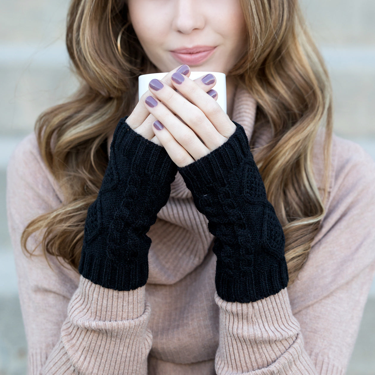100% Soft Acrylic Diamond Cable Knit Fingerless Thumb Opening Hand Warmers | 7.5" | One Size