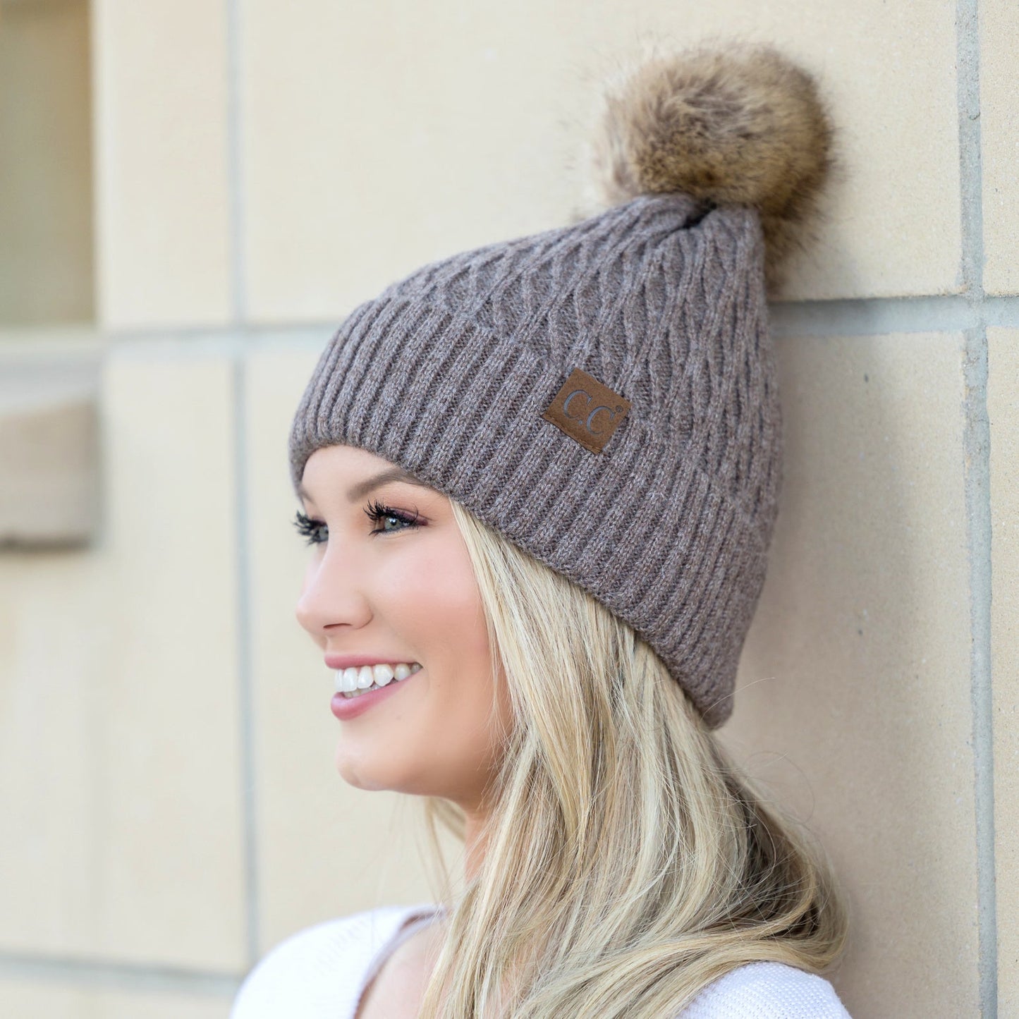 C.C® Honeycomb Knit Pom Beanie | 47% Rayon, 22% Nylon, 31% PBT | Teen–Adult