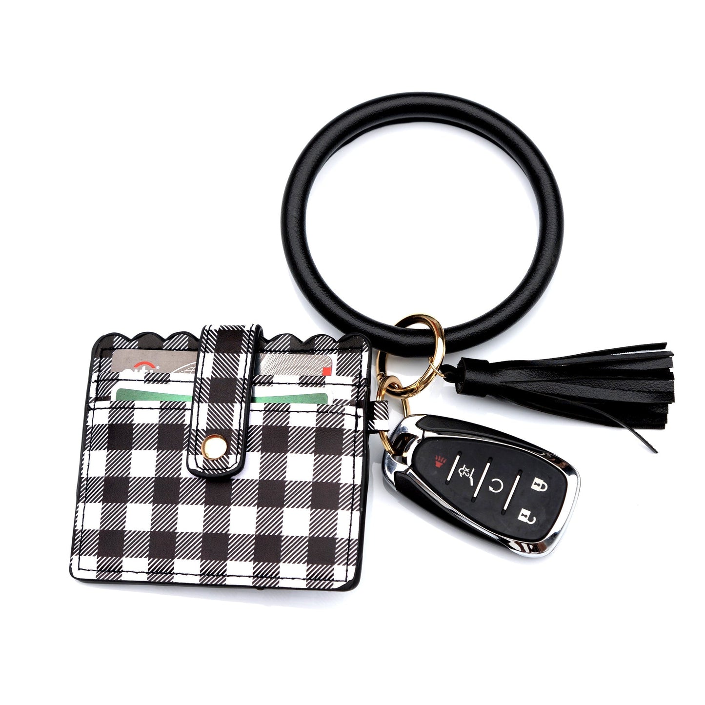 Buffalo Color Block Gold Hardware Key Ring ID Wallet Bracelet with Tassel | 4.5" x 4"