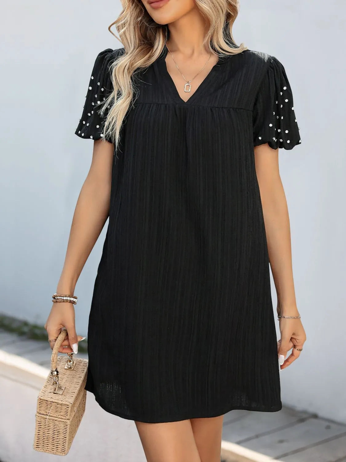 polyester mini dress Women's SP Polyester Fiber Bow Short Sleeve Mini Dress for Women Black