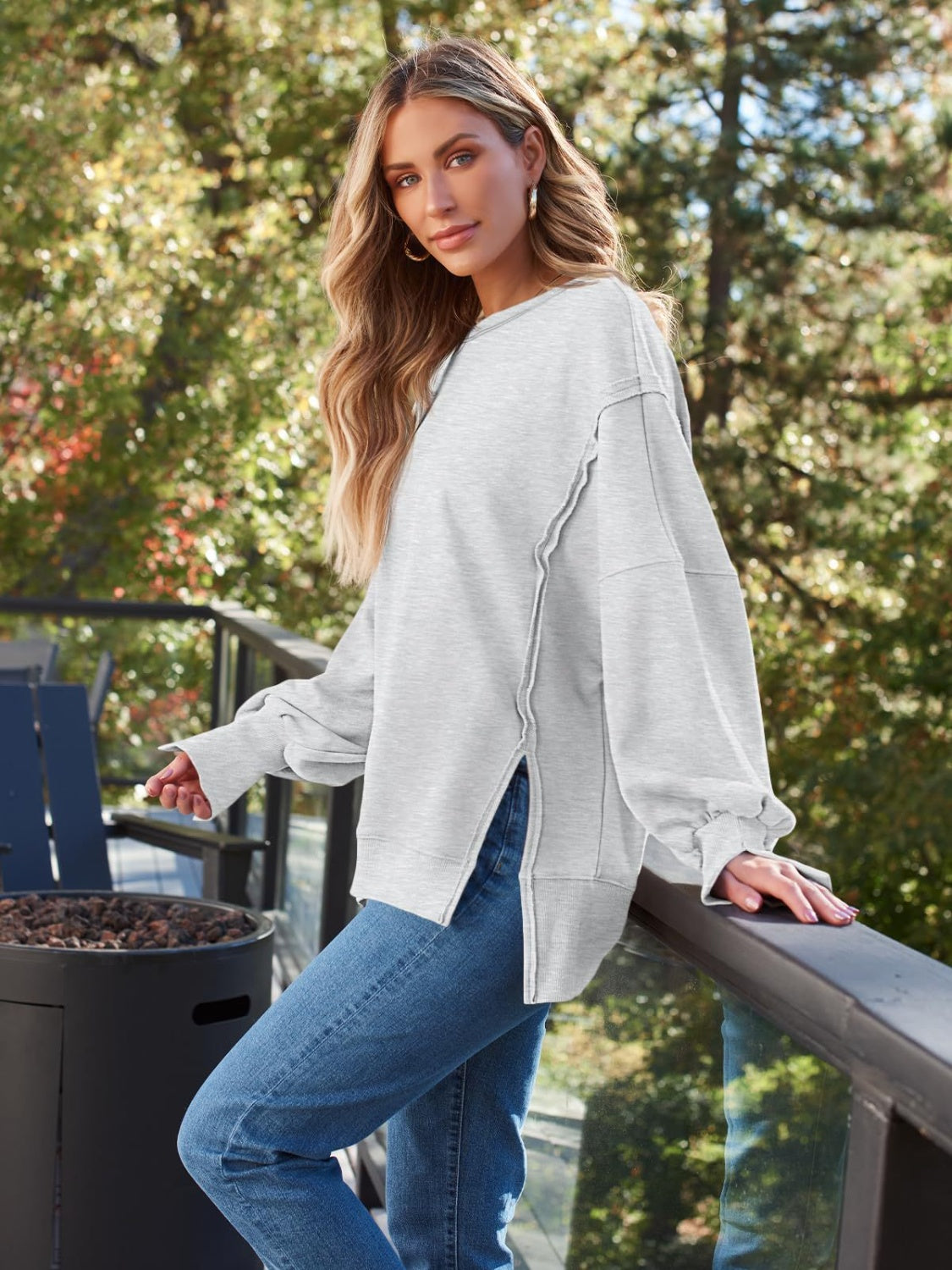 Blueberi B Women's  Slit Round Neck Long Sleeve Sweatshirt Rayon Polyester Size S-2XL