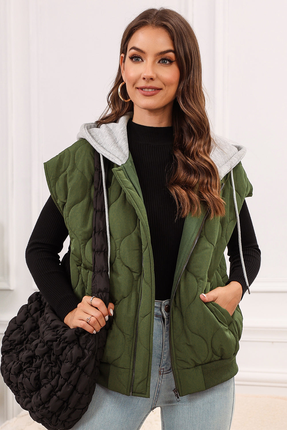 Blueberi B Women’s Drawstring Zip Up Hooded Vest Coat Polyester Size S-XL
