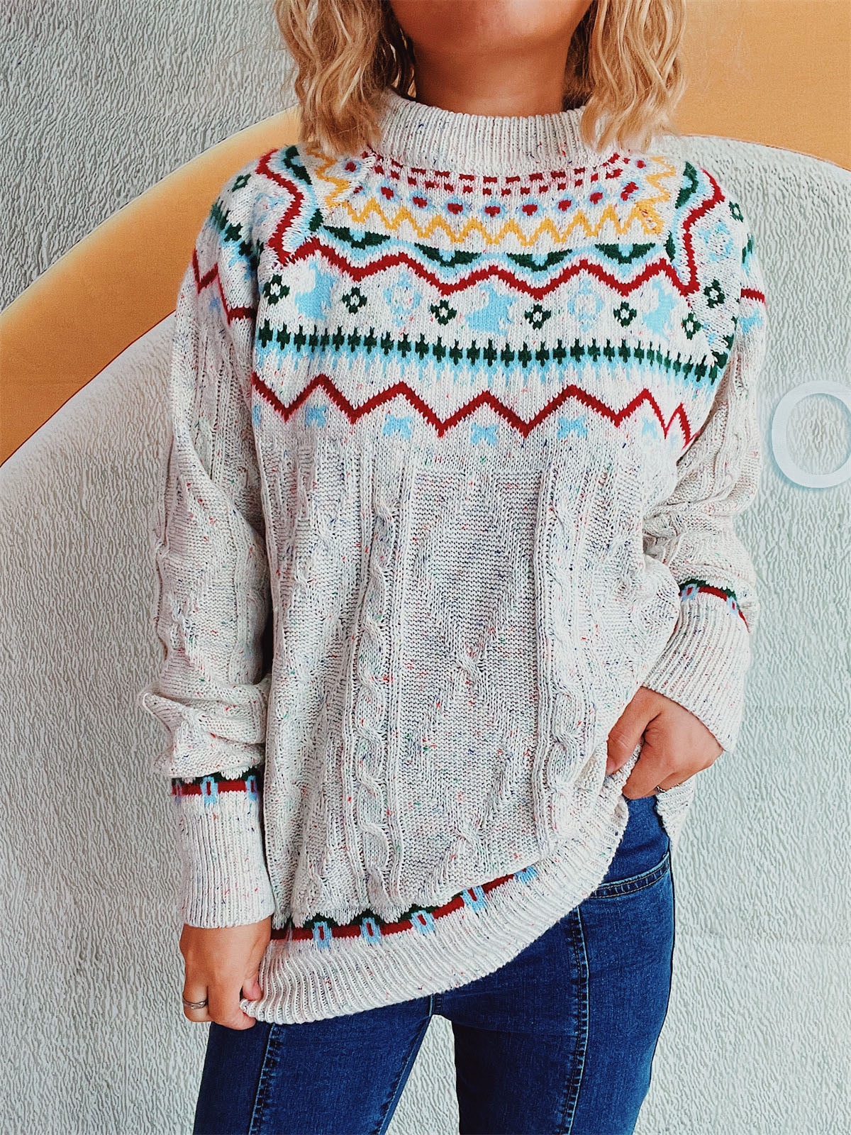Blueberi B Women’s Cable-Knit Mock Neck Long Sleeve Sweater Polyester Acrylic One Size