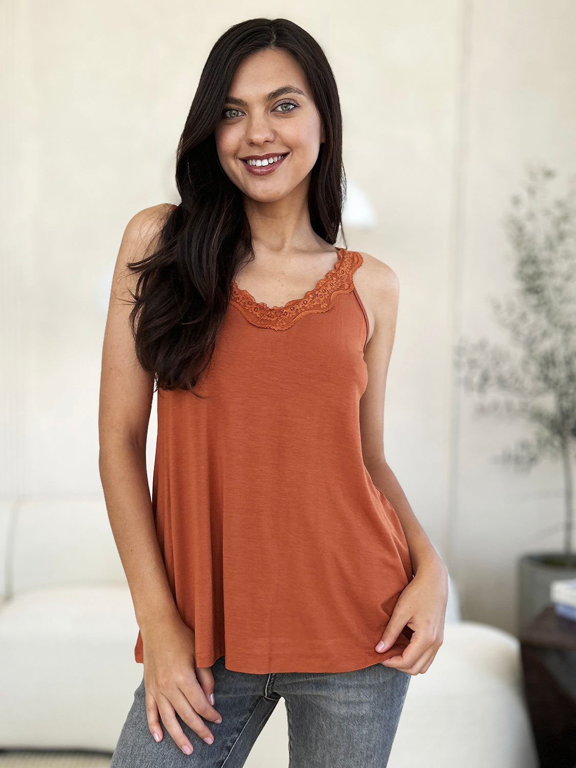 Basic Bae Women’s Full Size Lace Detail V-Neck Cutout Cami Rayon Spandex Size S-3XL