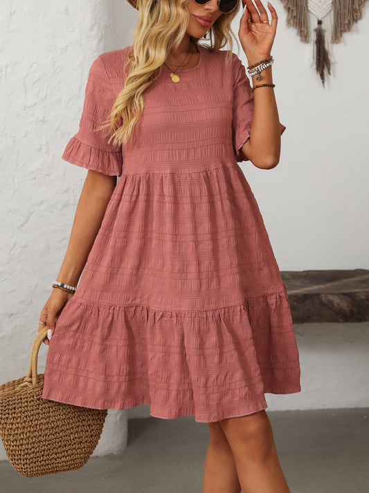 Blueberi B Women’s Mandy Ruffled Ruched Round Neck Half Sleeve Dress Polyester Size S-2XL