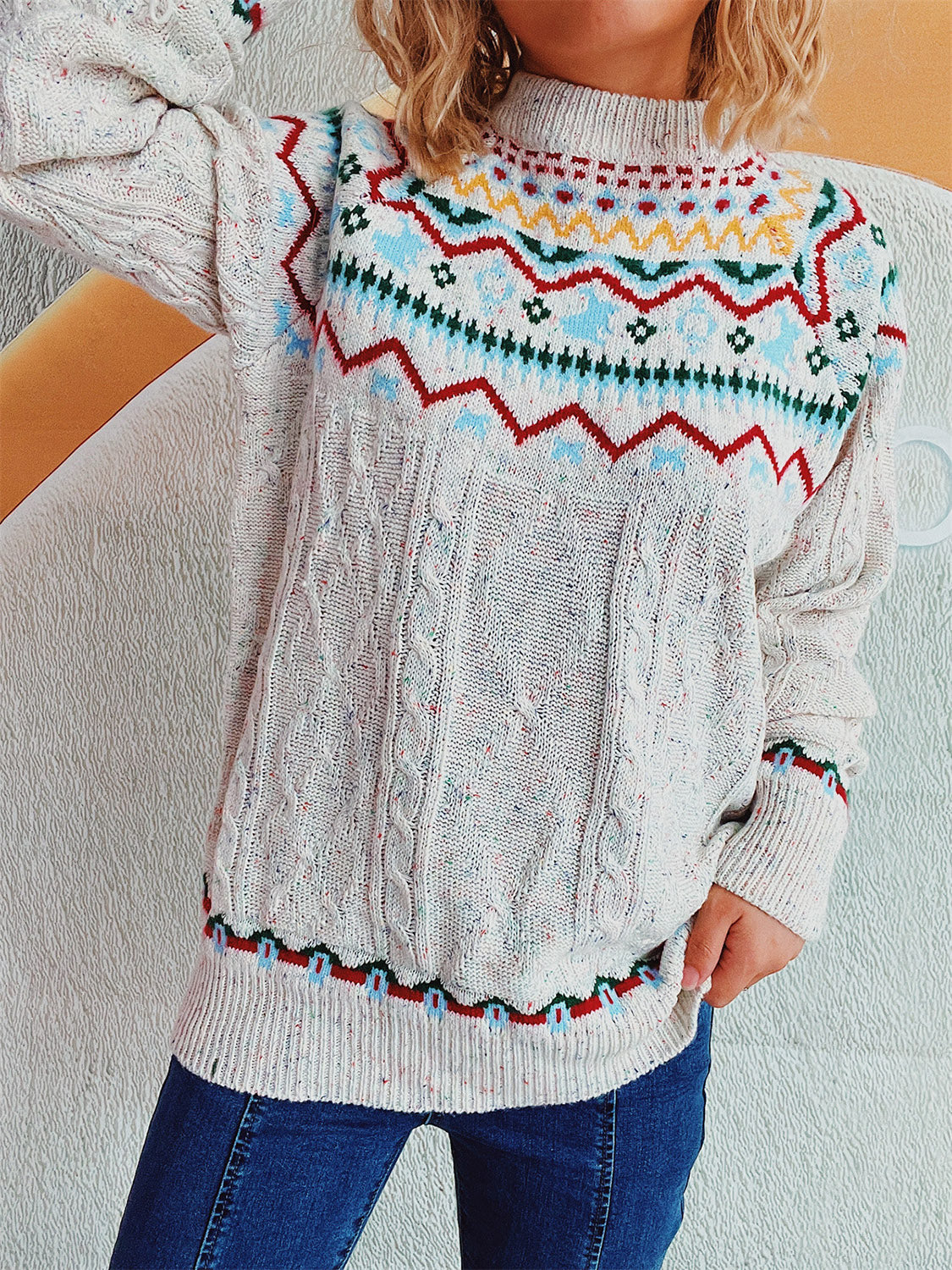 Blueberi B Women’s Cable-Knit Mock Neck Long Sleeve Sweater Polyester Acrylic One Size