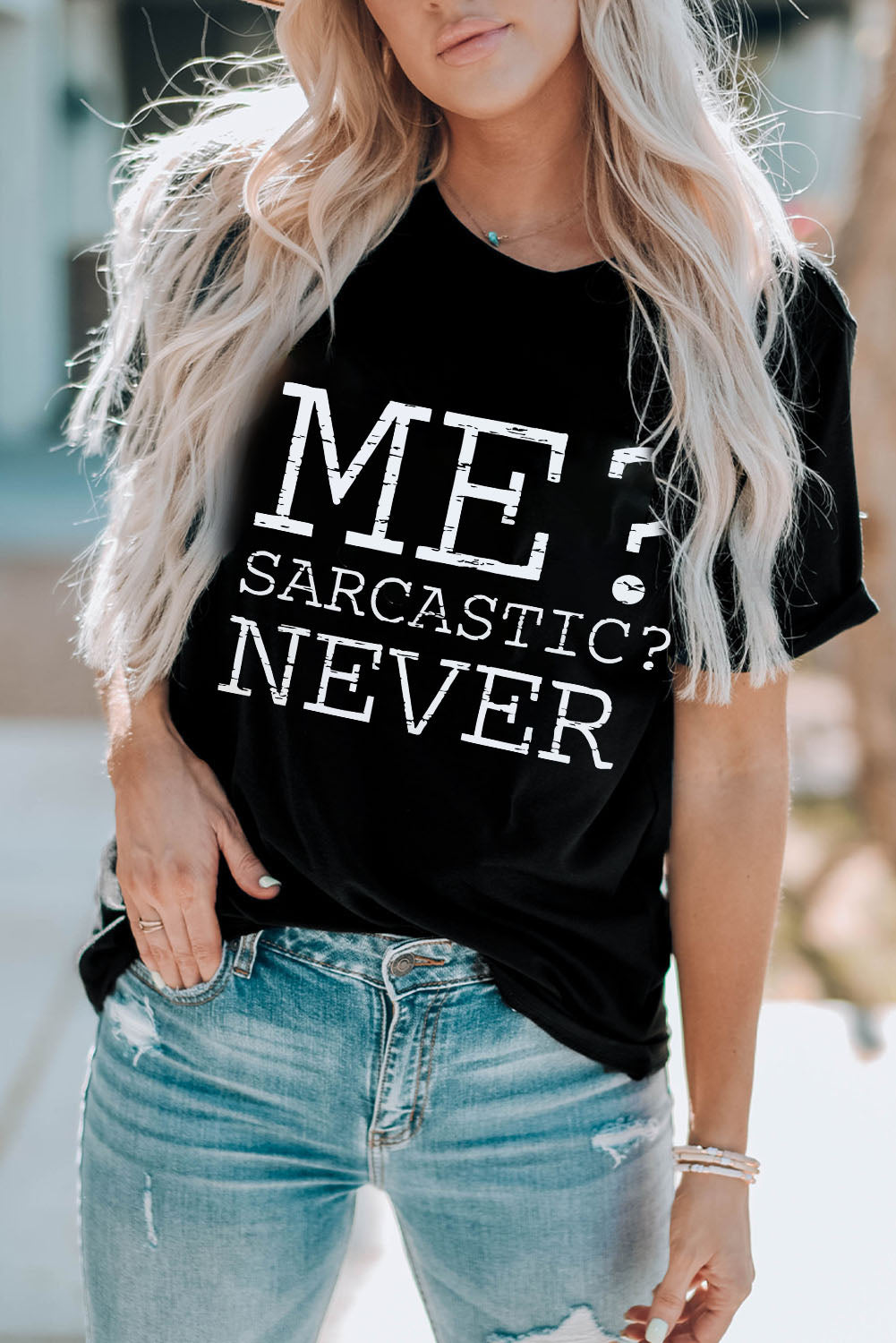 Blueberi B Women’s Me Sarcastic Never Letter Graphic Round Neck Shirt Sleeve T-Shirt Polyester Spandex Size S-2XL