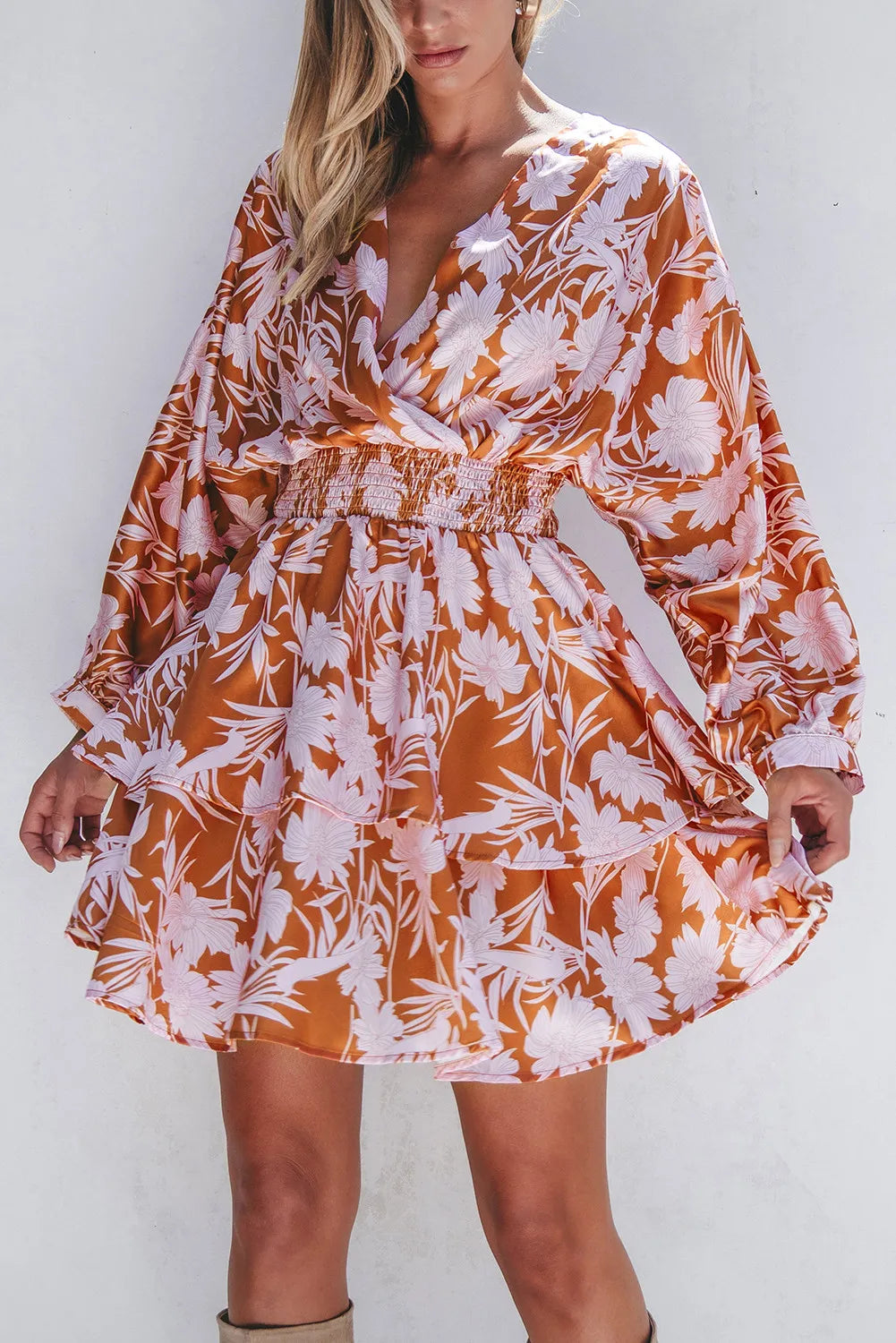 Blueberi B Women’s Smocked Printed Long Sleeve Mini Dress Polyester S-XL