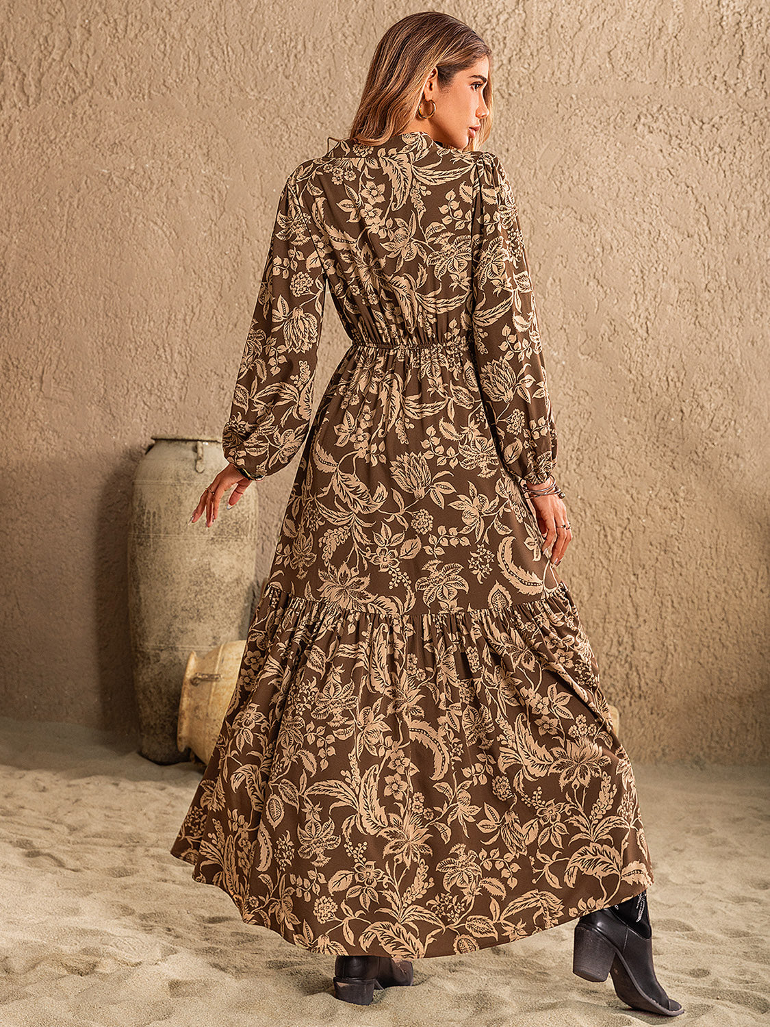 Blueberi B Women’s Ruched Printed Notched Long Sleeve Maxi Dress Polyester Elastane Size S-XL