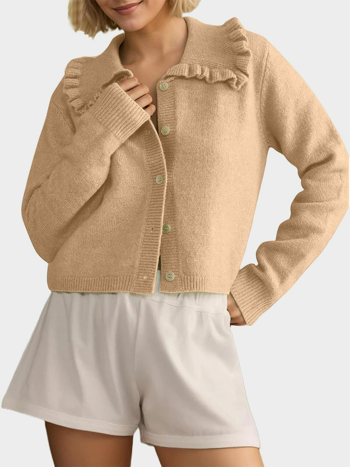Blueberi B Women’s Frill Button Up Collared Neck Long Sleeve Cardigan Polyester Cotton Size S-XL