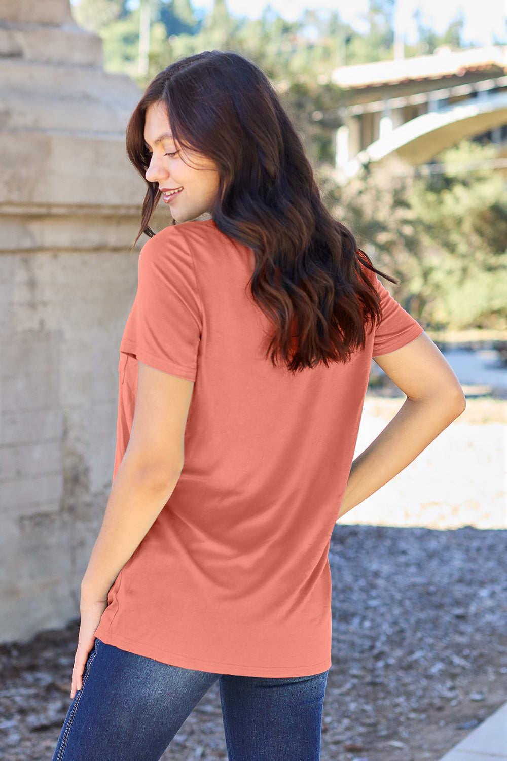 Basic Bae Women’s Bamboo Full Size V-Neck Short Sleeve T-Shirt Bamboo Spandex Size S-3XL