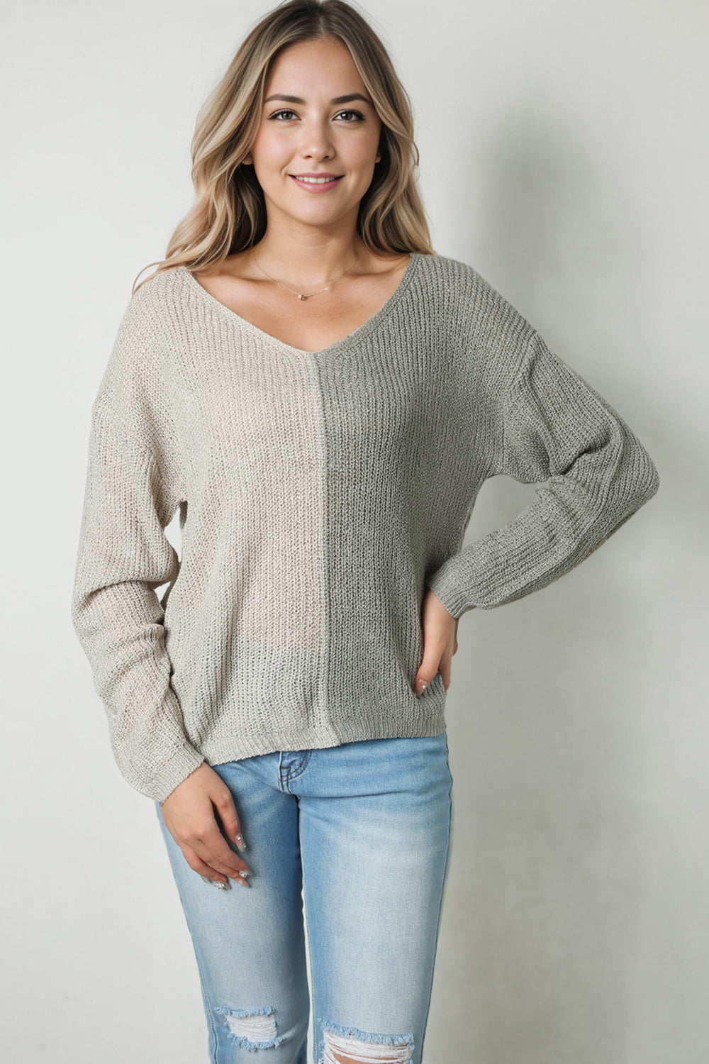 Blueberi B Women’s Contrast Color V-Neck Long Sleeve Pullover Sweater Acrylic Size S-XL