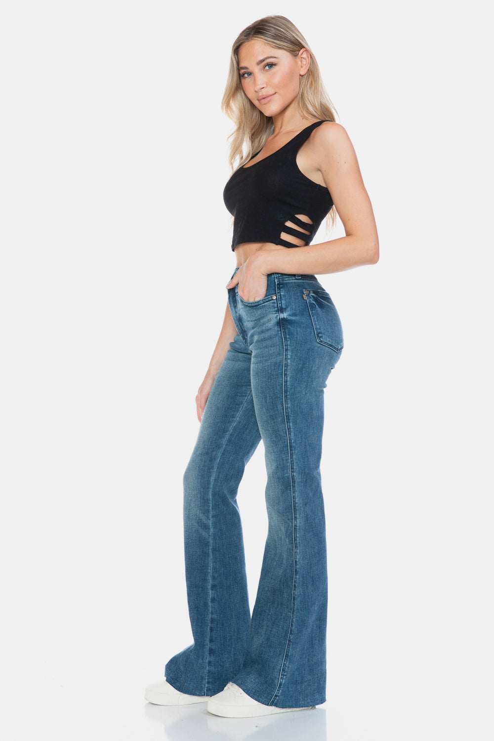 Judy Blue Women’s Full Size Tummy Control Cut Hem Flare Jeans Cotton Polyester Rayon Lycra Size 0-24W