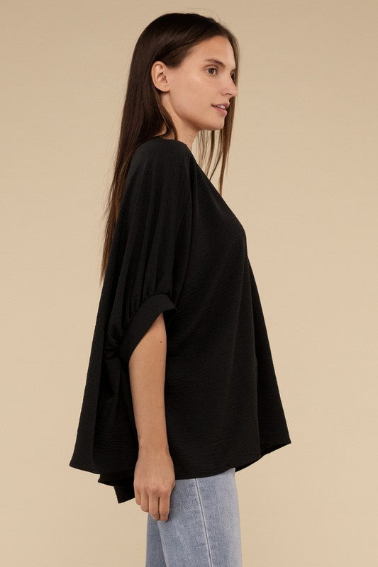 Zenana Women's Clothing Woven Airflow V-Neck Puff Half Sleeve Top Polyester S/M L/XL