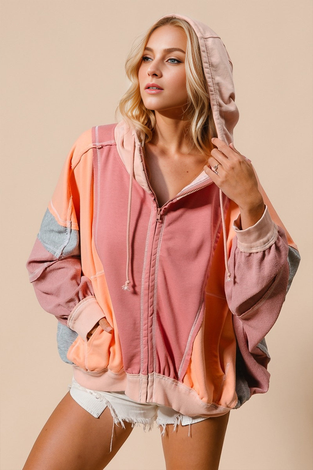 Double Take Women’s Full Size Color Block Long Sleeve Zip Up Hoodie Cotton Polyester Size S-3XL