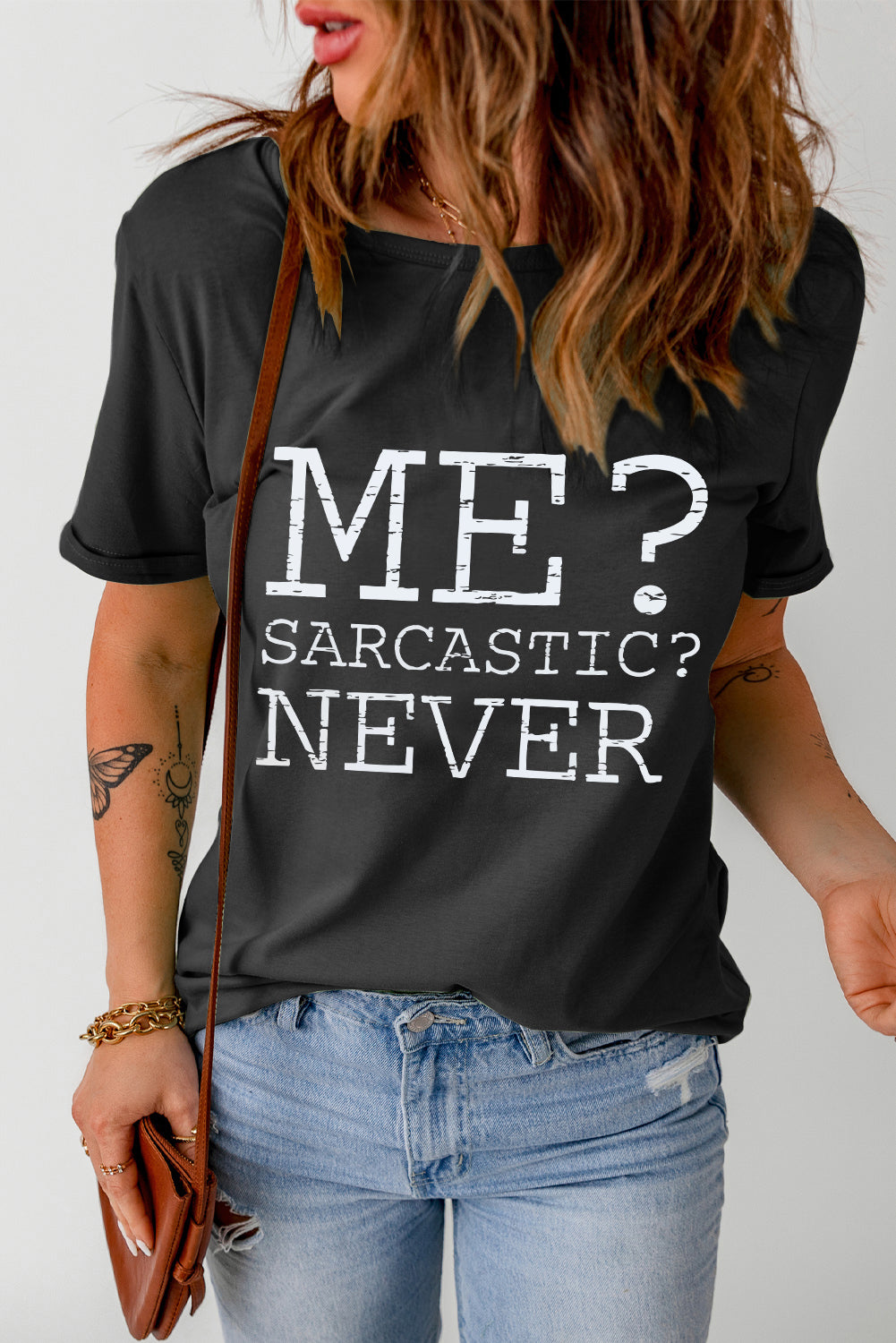 Blueberi B Women’s Me Sarcastic Never Letter Graphic Round Neck Shirt Sleeve T-Shirt Polyester Spandex Size S-2XL