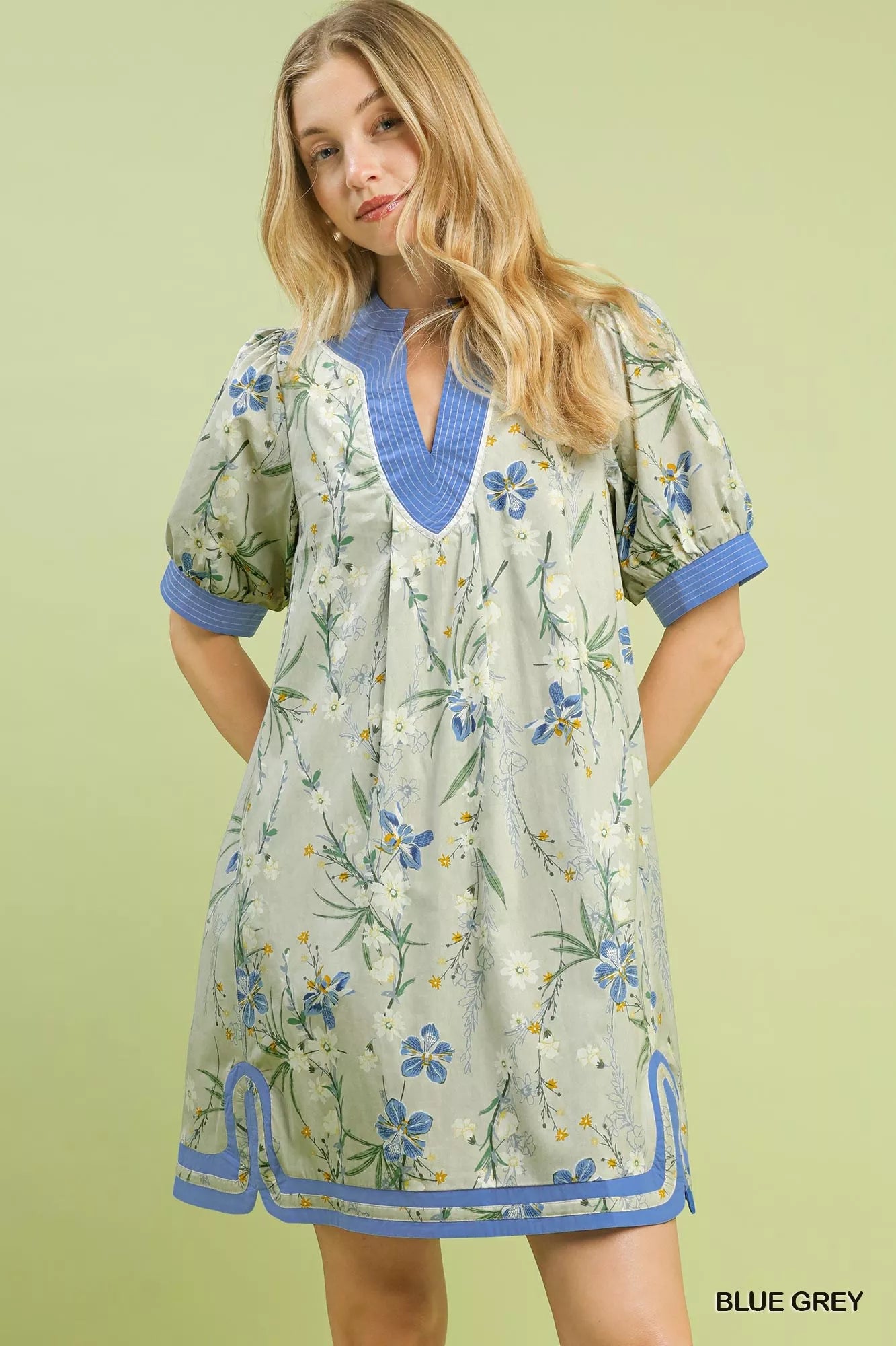 umgee blue and white dress Floral Puff Sleeve with Contrast Trim GREY / S Size:14US/46FR/18UK The puff sleeves add PLEASE Blue Wide Leg formal occasion dress