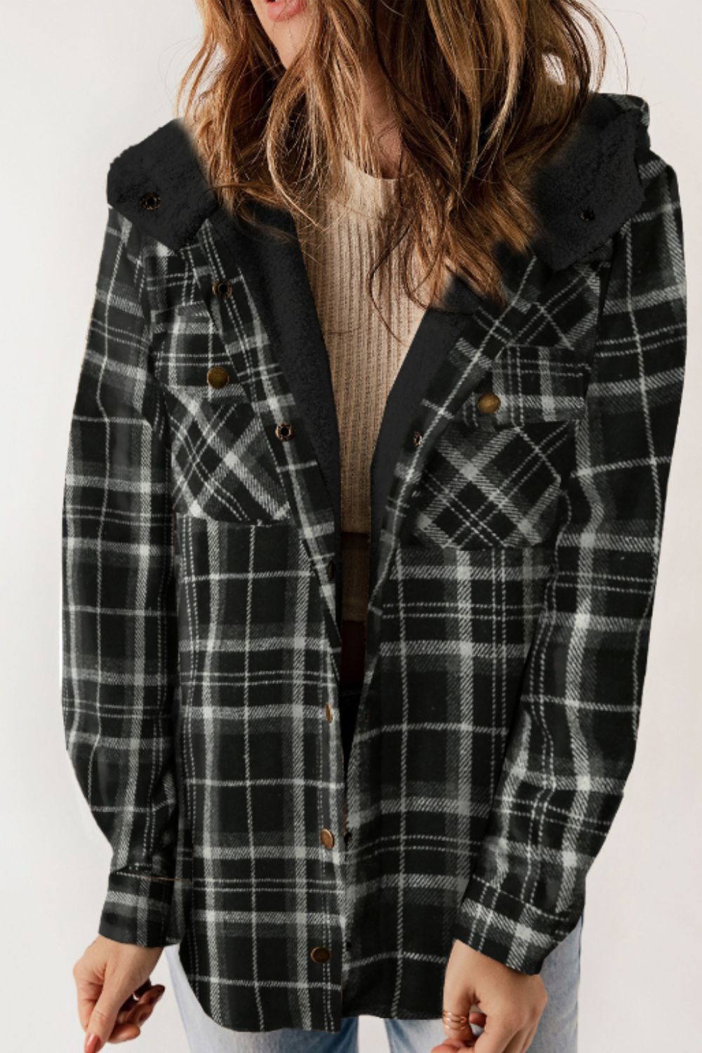 Blueberi B Women’s Plaid Button Up Long Sleeve Hooded Jacket Polyester Size S-2XL
