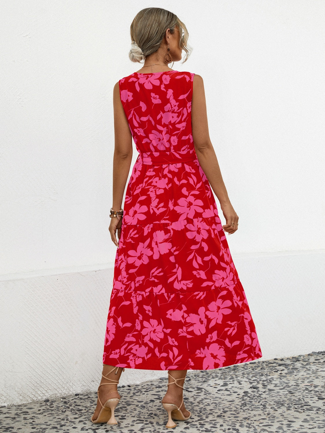 Blueberi B Women’s Tied Printed Surplice Tiered Dress Polyester Elastane Size S-XL