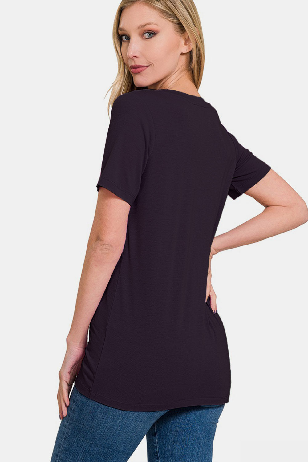 Zenana Women's V-Neck Short Sleeve T-Shirt Polyester Rayon Spandex Sized S-XL