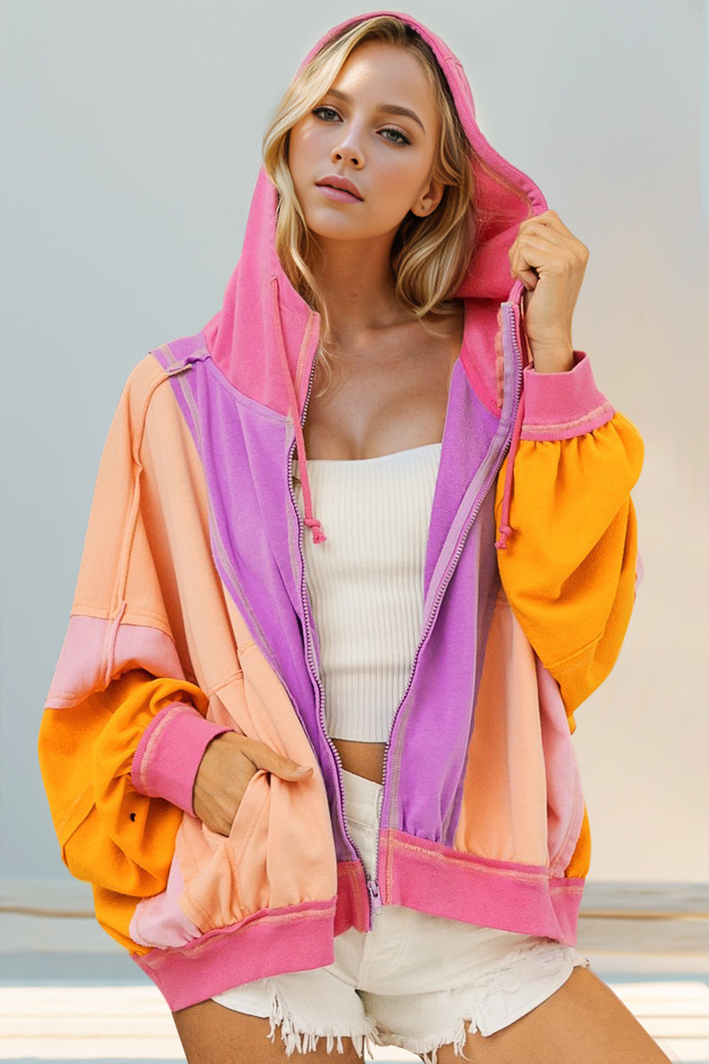 Double Take Women’s Full Size Color Block Long Sleeve Zip Up Hoodie Cotton Polyester Size S-3XL
