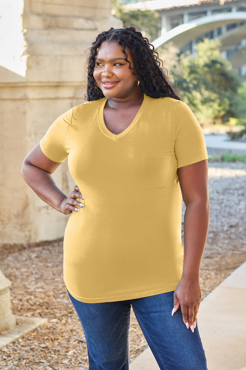 Basic Bae Women’s Bamboo Full Size V-Neck Short Sleeve T-Shirt Bamboo Spandex Size S-3XL
