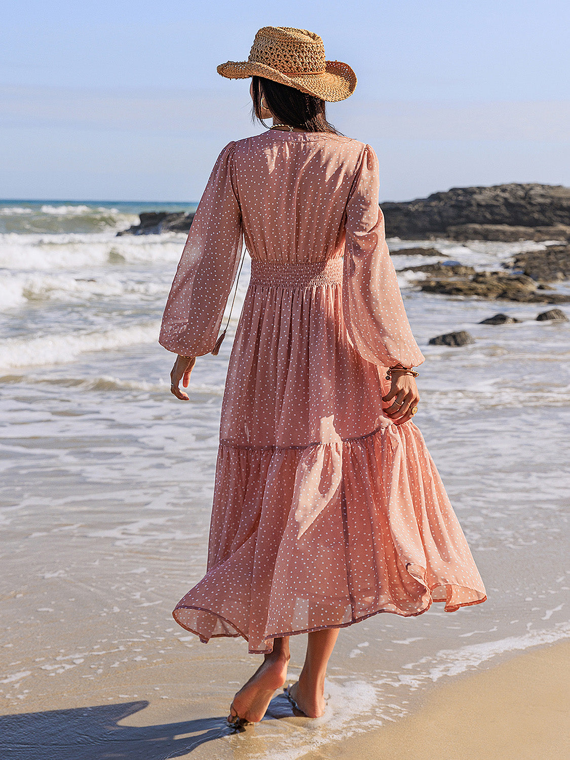 Blueberi B Women’s Embroidered Polka Dot Tie Neck Long Sleeve Midi Dress Polyester Size S-2XL