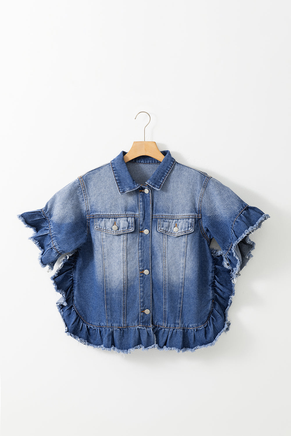 Blueberi B Women’s Ruffled Raw Hem Half Sleeve Denim Top Cotton Polyester Size S-2XL