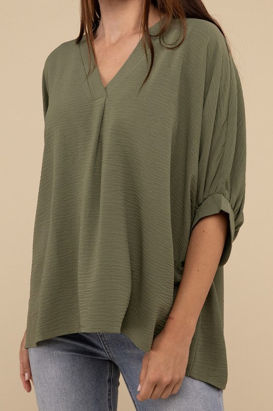 Zenana Women's Clothing Woven Airflow V-Neck Puff Half Sleeve Top Polyester S/M L/XL