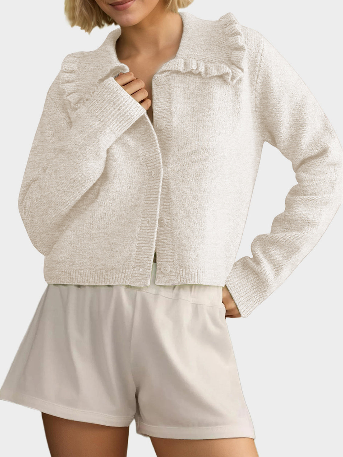 Blueberi B Women’s Frill Button Up Collared Neck Long Sleeve Cardigan Polyester Cotton Size S-XL
