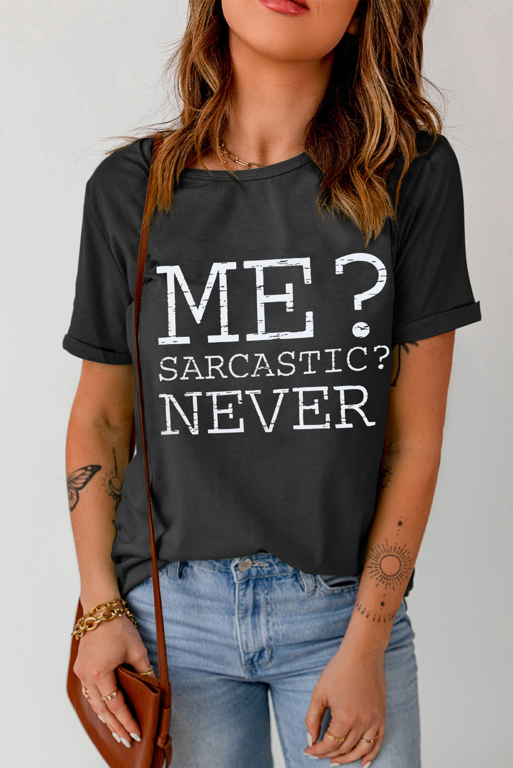 Blueberi B Women’s Me Sarcastic Never Letter Graphic Round Neck Shirt Sleeve T-Shirt Polyester Spandex Size S-2XL