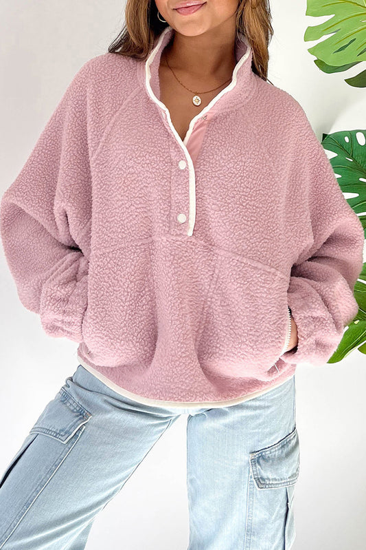 Blueberi B Women’s Half Snap Long Sleeve Sweatshirt with Side Slit Pockets Polyester Size S-XL