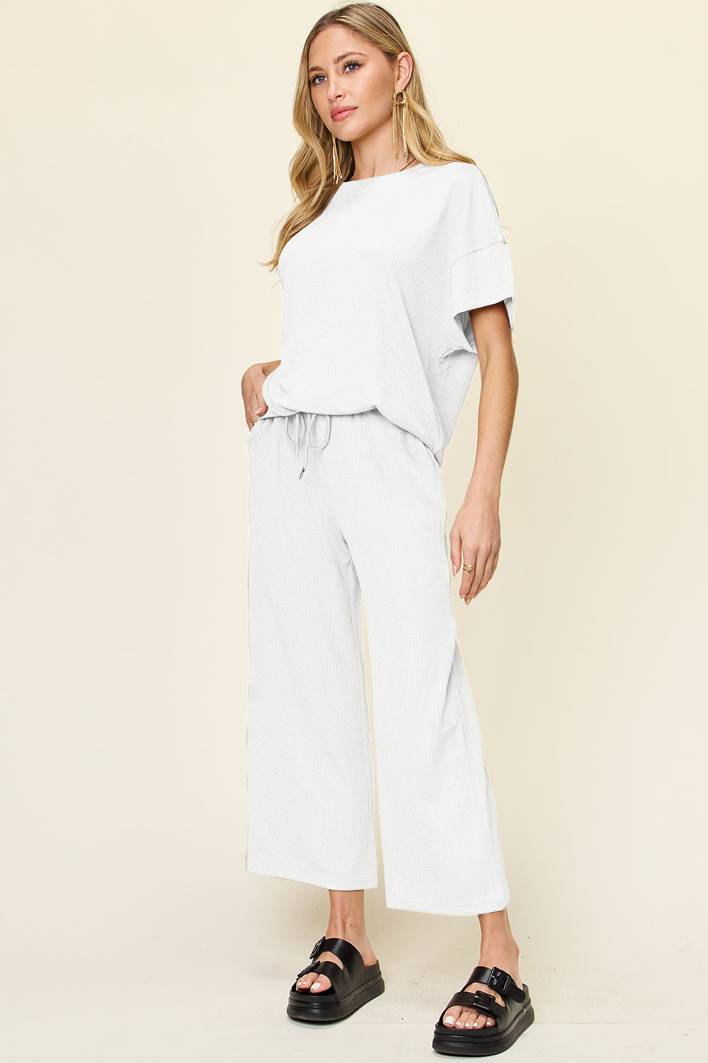 Double Take Women’s Full Size Texture Round Neck Short Sleeve T-Shirt and Wide Leg Pants Polyester Spandex Size S-3XL