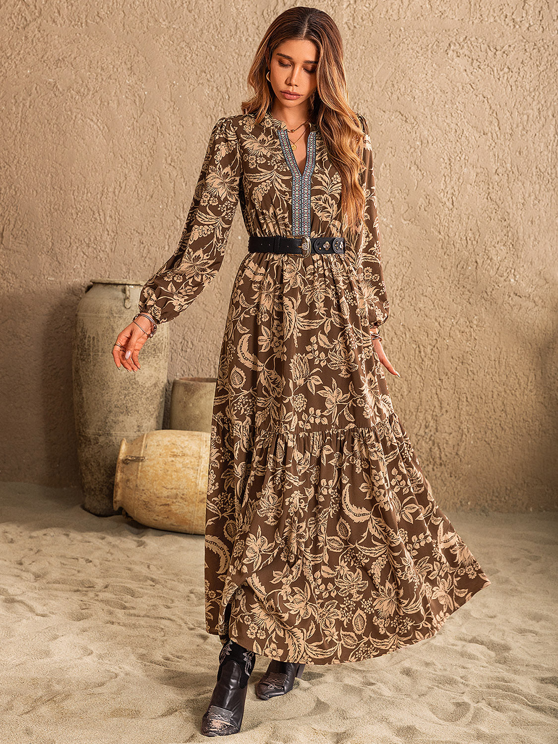 Blueberi B Women’s Ruched Printed Notched Long Sleeve Maxi Dress Polyester Elastane Size S-XL