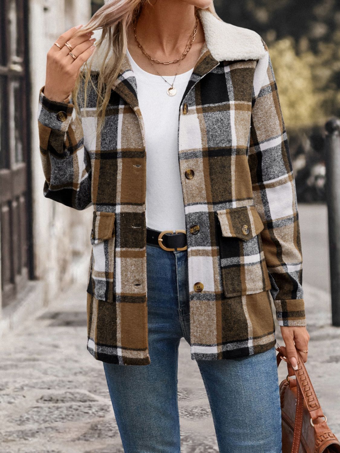 Perfee Women’s Pocketed Plaid Button Up Collared Neck Jacket Cotton Polyester Size S-XL