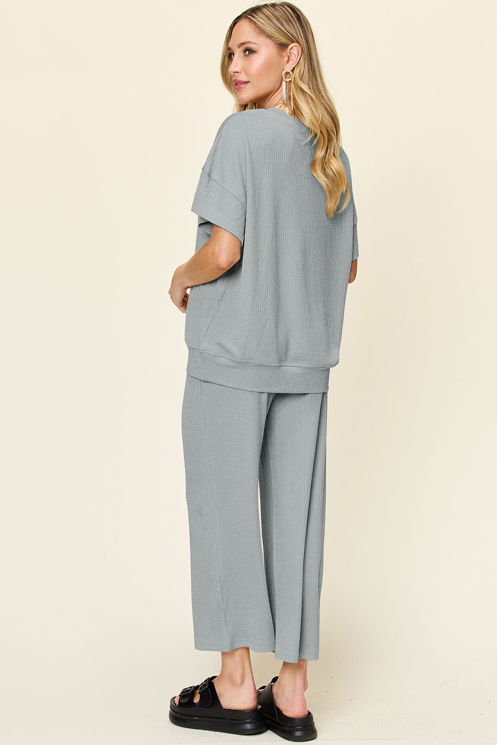 Double Take Women’s Full Size Texture Round Neck Short Sleeve T-Shirt and Wide Leg Pants Polyester Spandex Size S-3XL