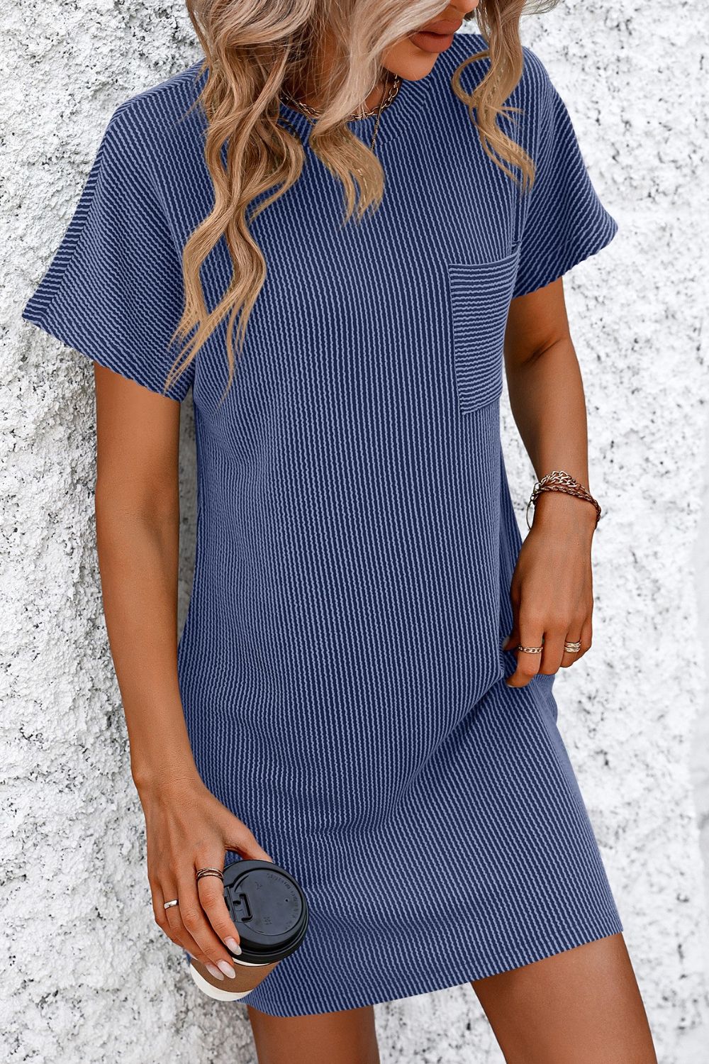 Blueberi B Women’s Mandy Ribbed Striped Short Sleeve Mini Tee Dress Rayon Polyester Size S-2XL